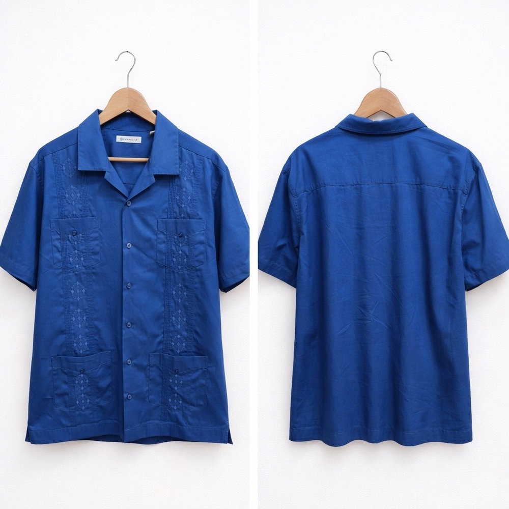 Cubavera Mens XL Blue Short Sleeve Guayabera‎ Embroidered Button Down Shirt